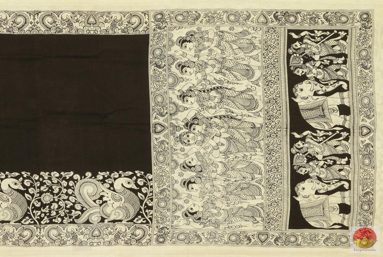Handpainted Monochrome Kalamkari Silk Saree - Organic Dyes - PKM 266 Archives - Kalamkari Silk - Panjavarnam