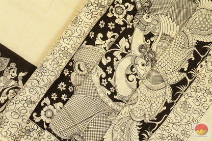 Handpainted Monochrome Kalamkari Silk Saree - Organic Dyes - PKM 294 Archives - Kalamkari Silk - Panjavarnam