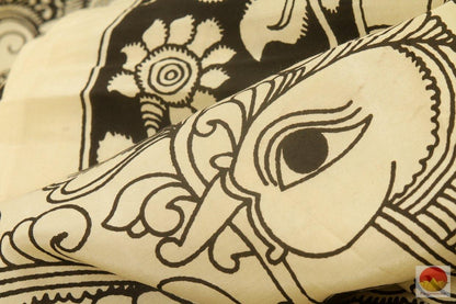 Handpainted Monochrome Kalamkari Silk Saree - Organic Dyes - PKM 301 Archives - Kalamkari Silk - Panjavarnam