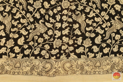 Handpainted Monochrome Kalamkari Silk Saree - Organic Dyes - PKM 320 - Archives - Kalamkari Silk - Panjavarnam