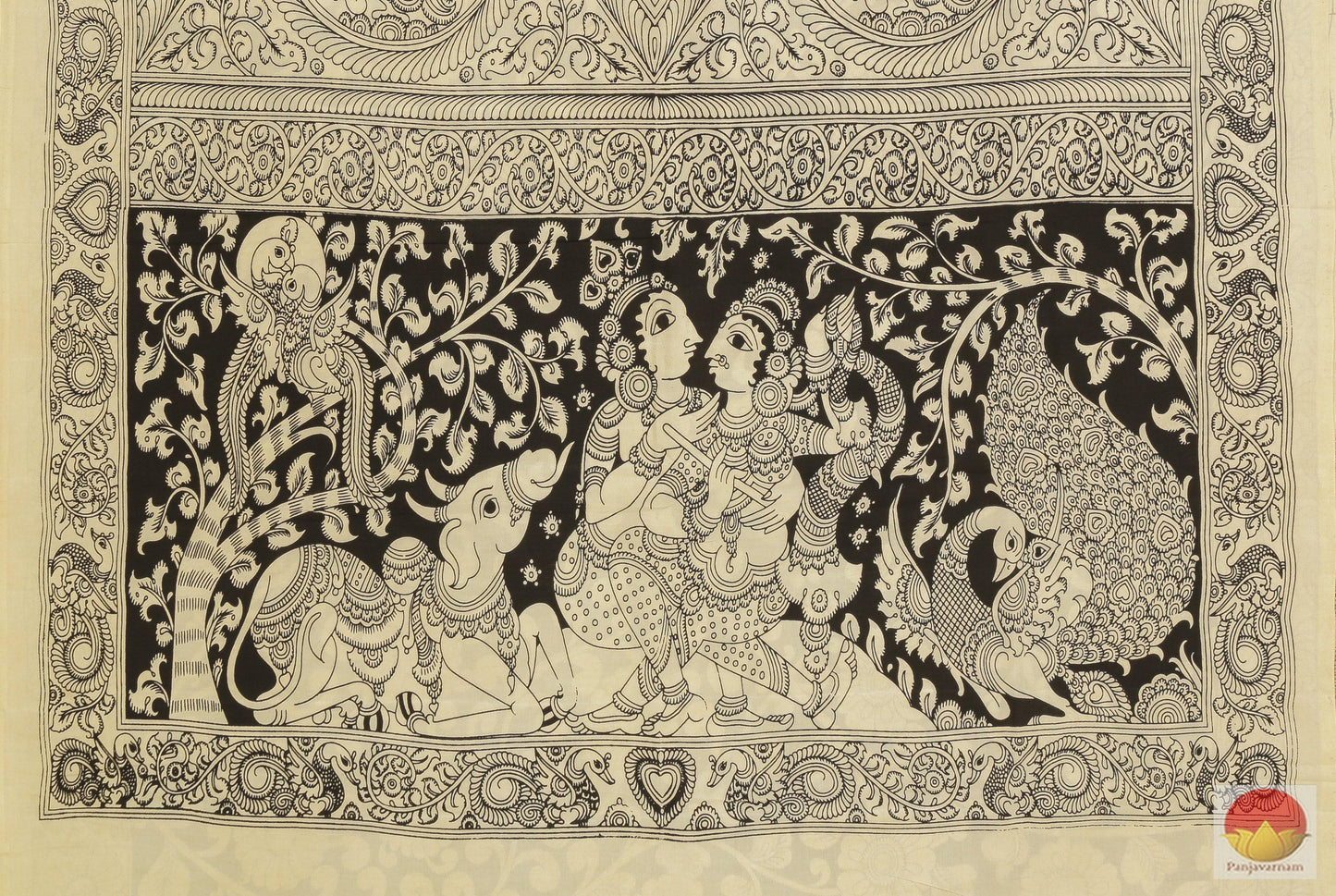 Handpainted Monochrome Kalamkari Silk Saree - Vegetable Dyes - PKM 245 Archives - Kalamkari Silk - Panjavarnam