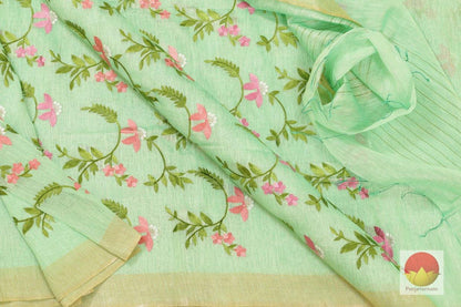 Handwoven Embroided Linen Saree - Gold Zari - PL 330 - Archives - Linen Sari - Panjavarnam