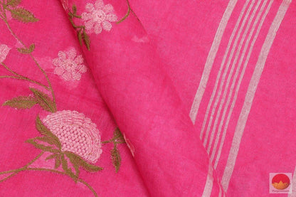 Handwoven Embroided Linen Saree - Silver Zari - PL 268 - Archives - Linen Sari - Panjavarnam