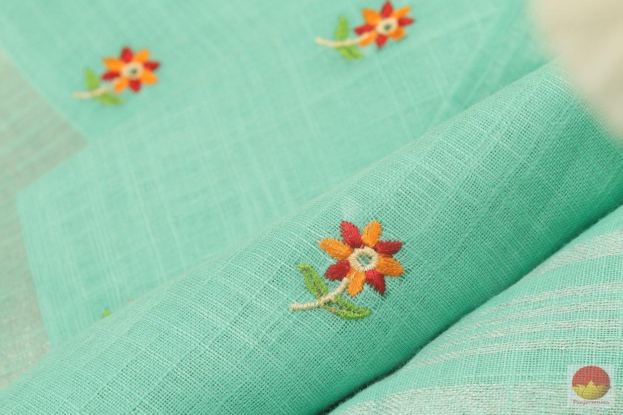 Handwoven Embroided Linen Saree - Silver Zari - PL 271 - Archives - Linen Sari - Panjavarnam