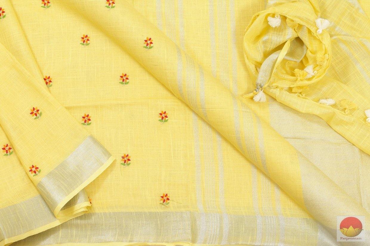 Handwoven Embroided Linen Saree - Silver Zari - PL 275 Archives - Linen Sari - Panjavarnam