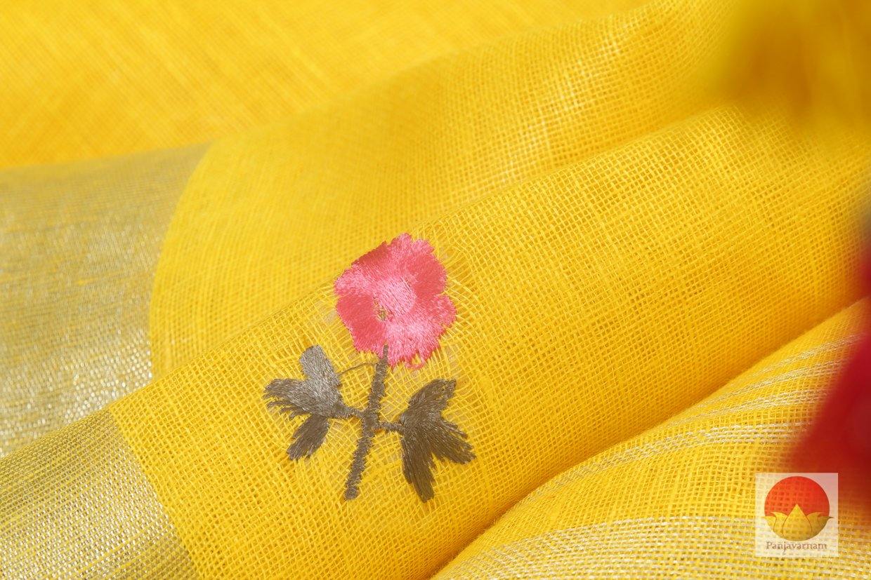 Handwoven Embroided Linen Saree - Silver Zari - PL 340 - Archives - Linen Sari - Panjavarnam