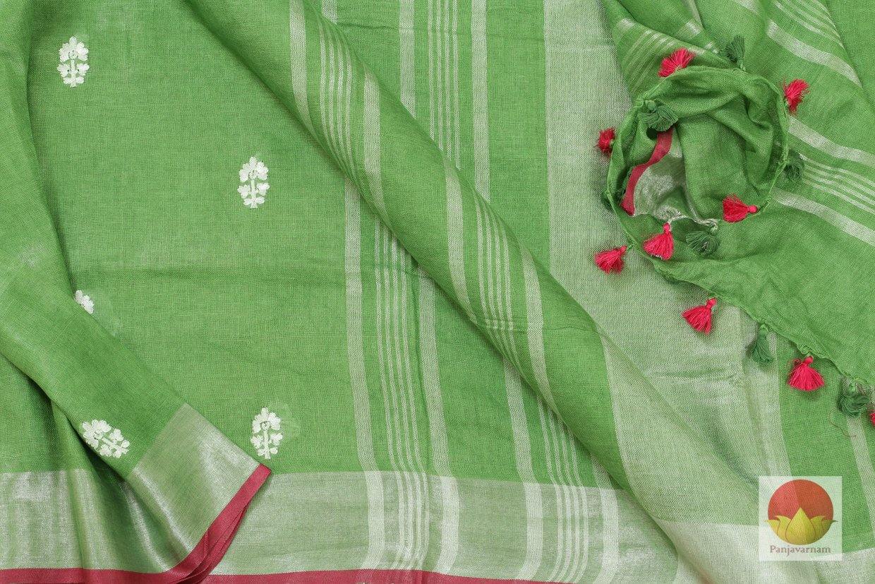 Handwoven Embroided Linen Saree - Silver Zari - PL 347 - Linen Sari - Panjavarnam PL 346