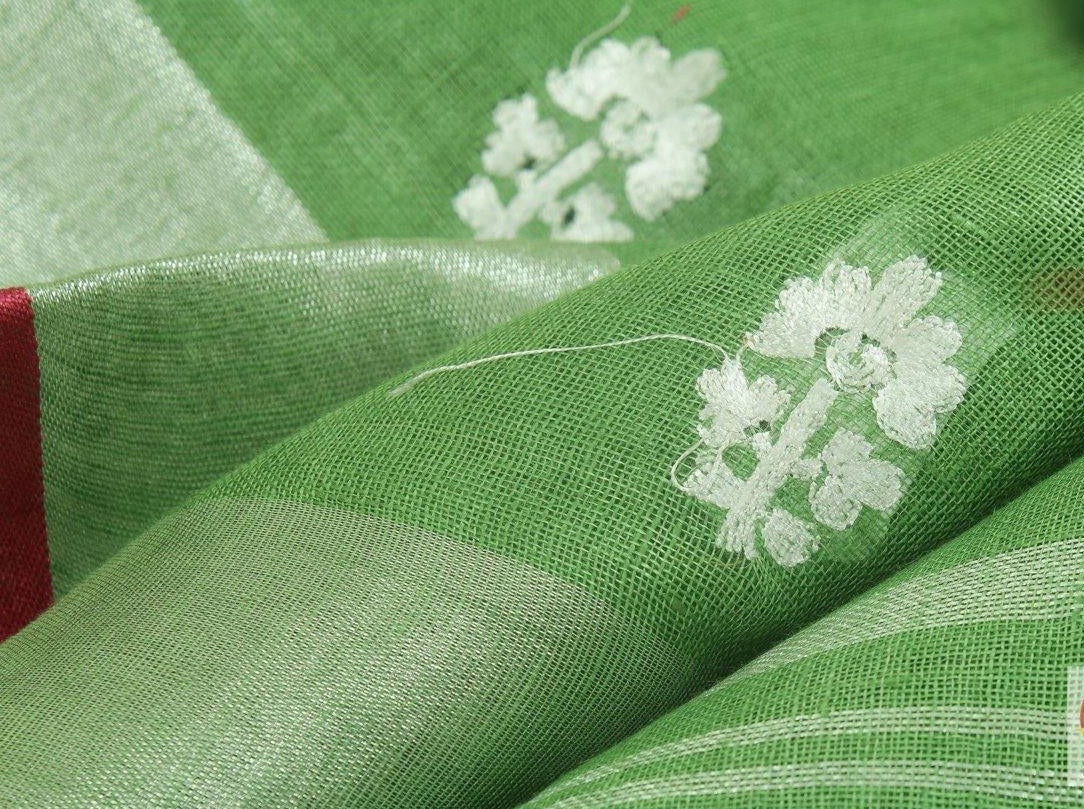 Handwoven Embroided Linen Saree - Silver Zari - PL 347 - Linen Sari - Panjavarnam PL 346