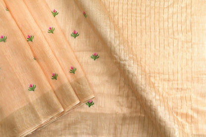 Handwoven Embroidered Linen Saree - Gold Zari - PL 903 - Archives - Linen Sari - Panjavarnam
