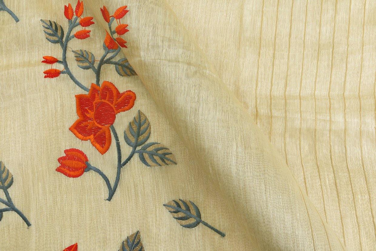 Handwoven Embroidered Linen Saree - Gold Zari -PL 905 - Archives - Linen Sari - Panjavarnam
