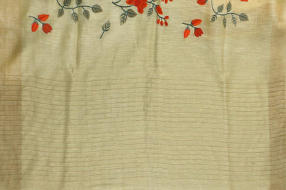 Handwoven Embroidered Linen Saree - Gold Zari -PL 905 - Archives - Linen Sari - Panjavarnam