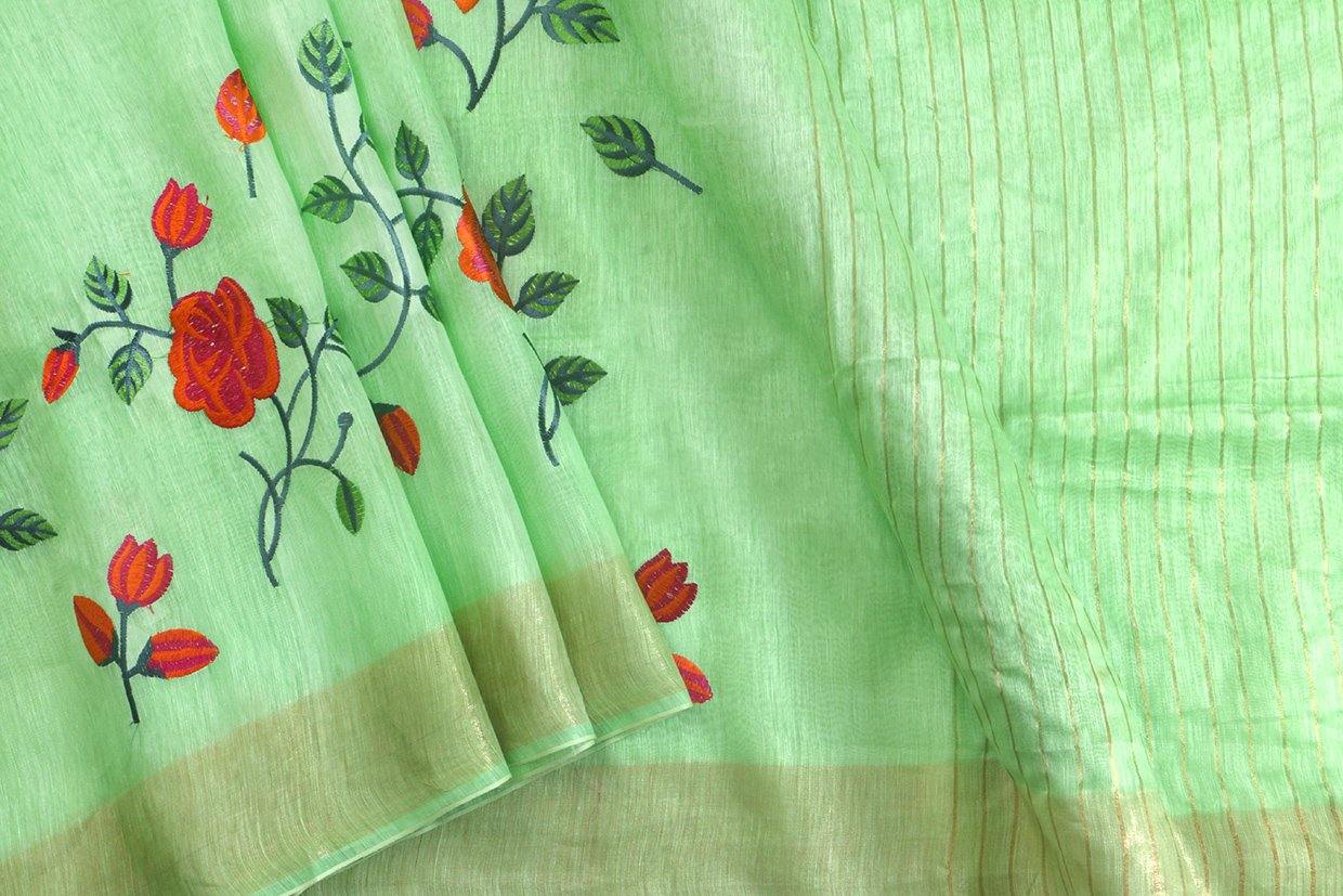 Handwoven Embroidered Linen Saree - Gold Zari - PL 912 - Linen Sari - Panjavarnam