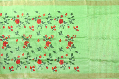 Handwoven Embroidered Linen Saree - Gold Zari - PL 912 - Linen Sari - Panjavarnam