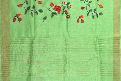 Handwoven Embroidered Linen Saree - Gold Zari - PL 912 - Linen Sari - Panjavarnam PL 912