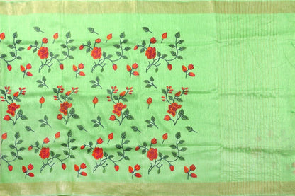 Handwoven Embroidered Linen Saree - Gold Zari - PL 912 - Linen Sari - Panjavarnam PL 912