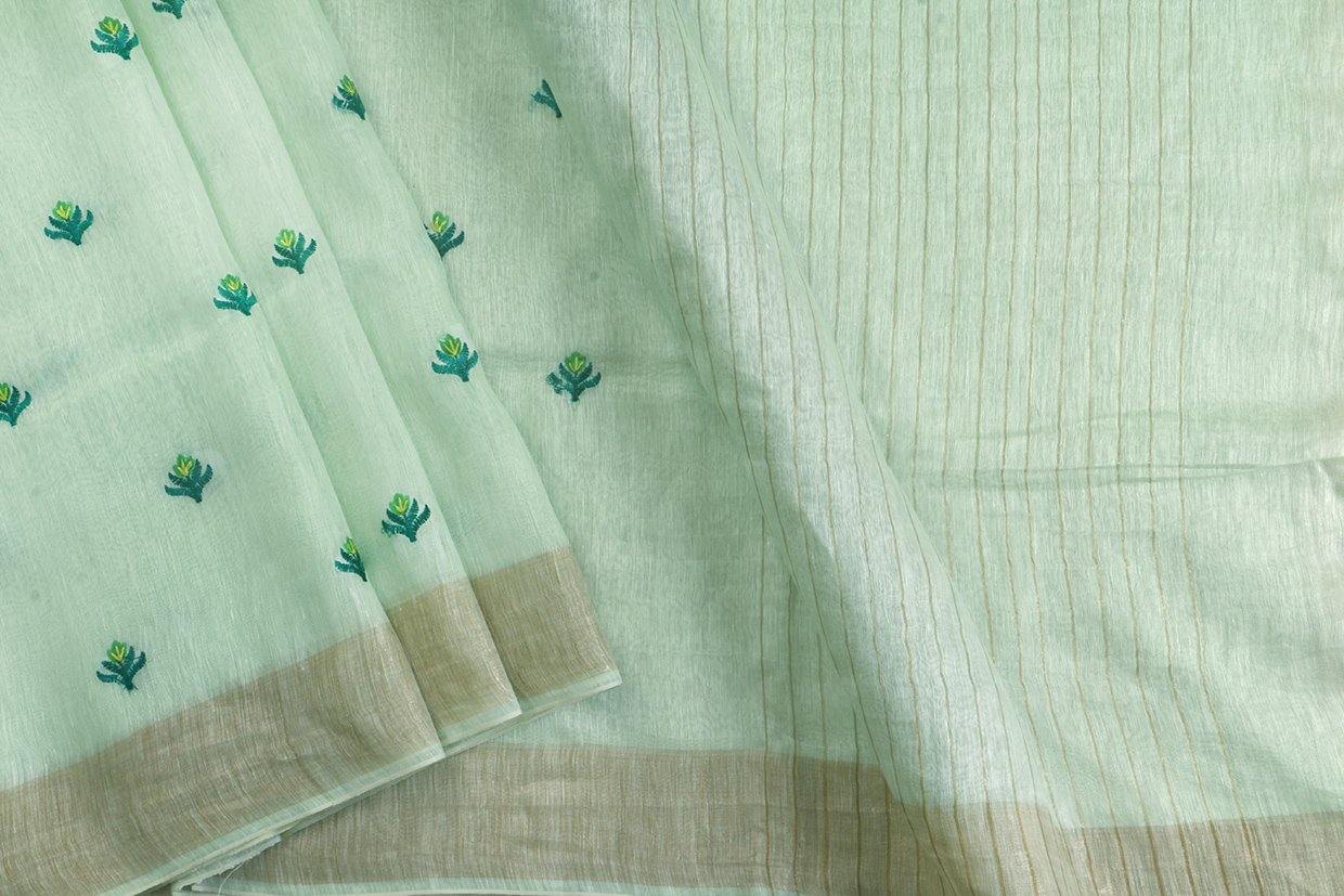 Handwoven Embroidered Linen Saree - Gold Zari - PL 918 - Archives - Linen Sari - Panjavarnam