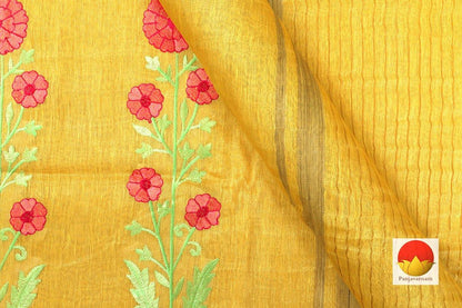 Handwoven Embroidered Linen Saree - Gold Zari - PL 932 - Archives - Linen Sari - Panjavarnam
