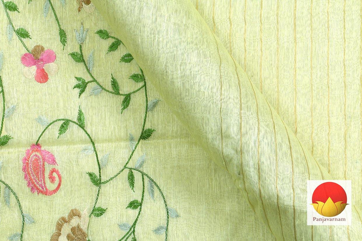 Handwoven Embroidered Linen Saree - Gold Zari - PL 940 - Archives - Linen Sari - Panjavarnam