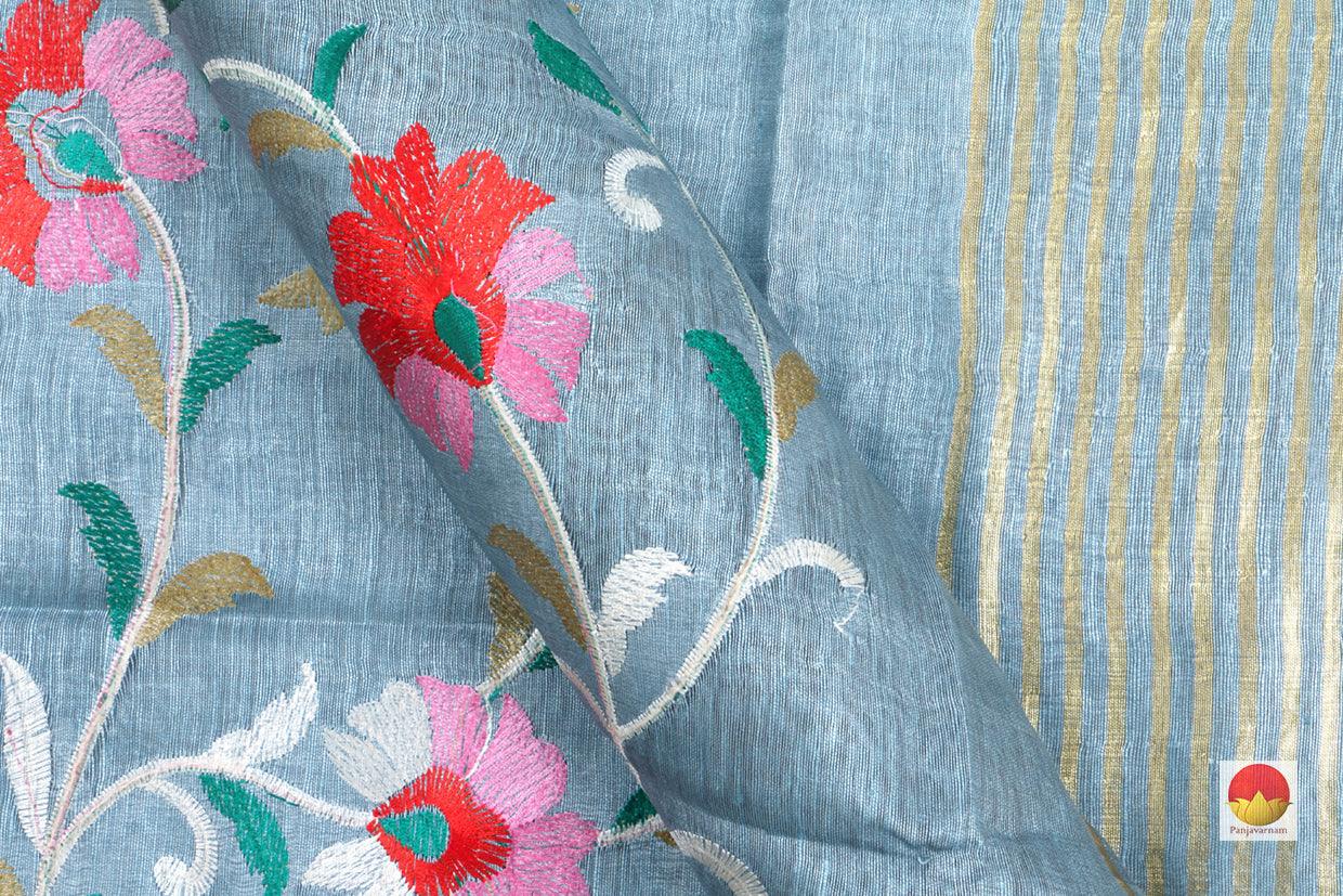 Handwoven Embroidered Linen Saree - PL 1006 - Archives - - Panjavarnam
