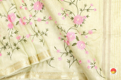 Handwoven Embroidered Linen Saree - PL 1060 - Linen Sari - Panjavarnam