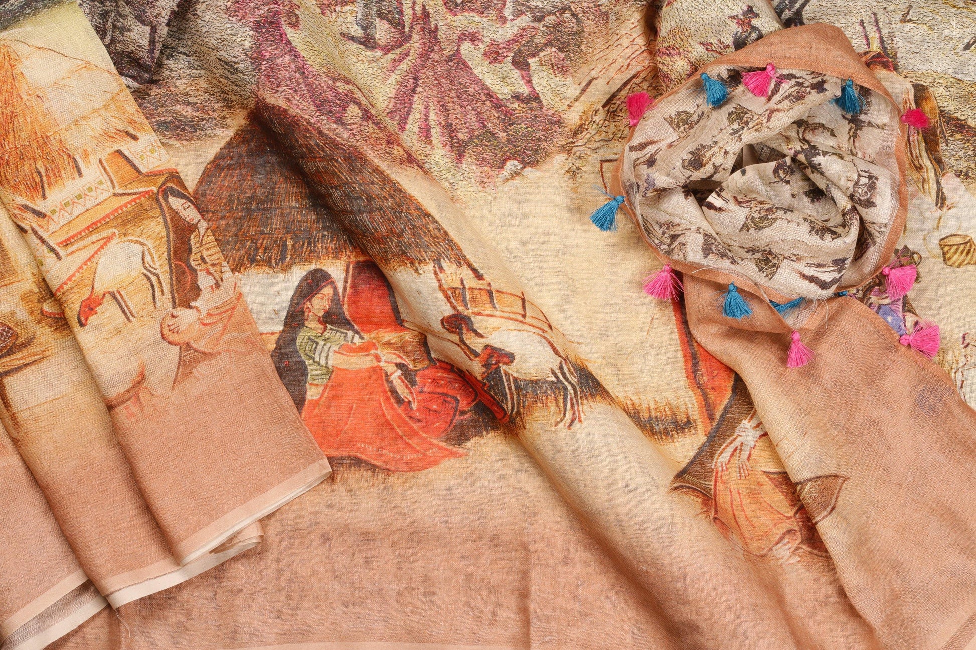 Handwoven Linen Saree - Digital Print - PL 70 - Linen Sari - Panjavarnam PL 70