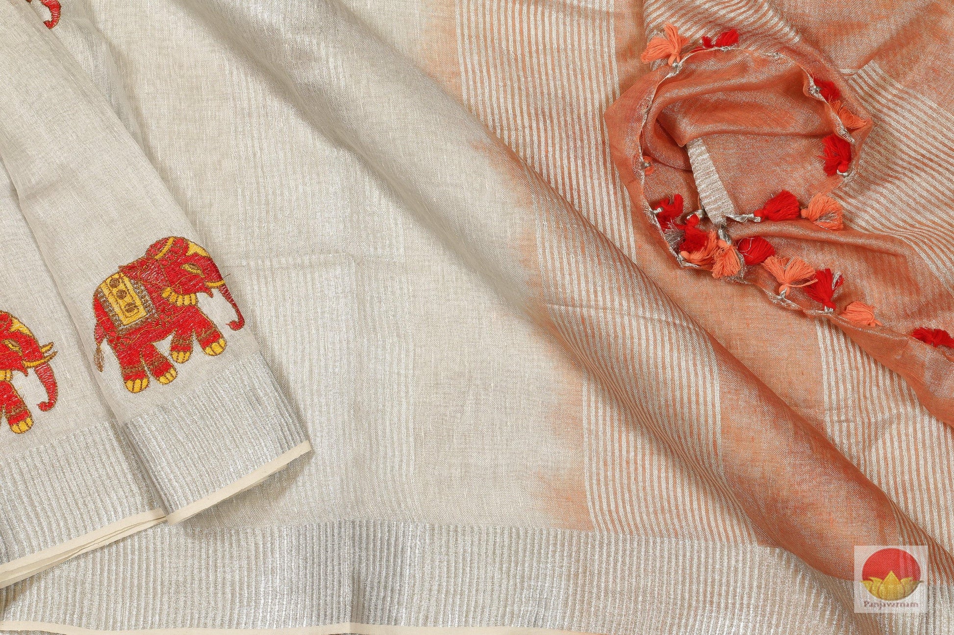 Handwoven Linen Saree - Embroidery Motifs - PL 132 - Archives - Linen Sari - Panjavarnam