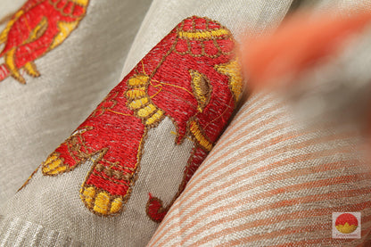 Handwoven Linen Saree - Embroidery Motifs - PL 132 - Archives - Linen Sari - Panjavarnam