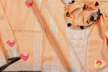 Handwoven Linen Saree - Embroidery Motifs - PL110 - Linen Sari - Panjavarnam PL 110