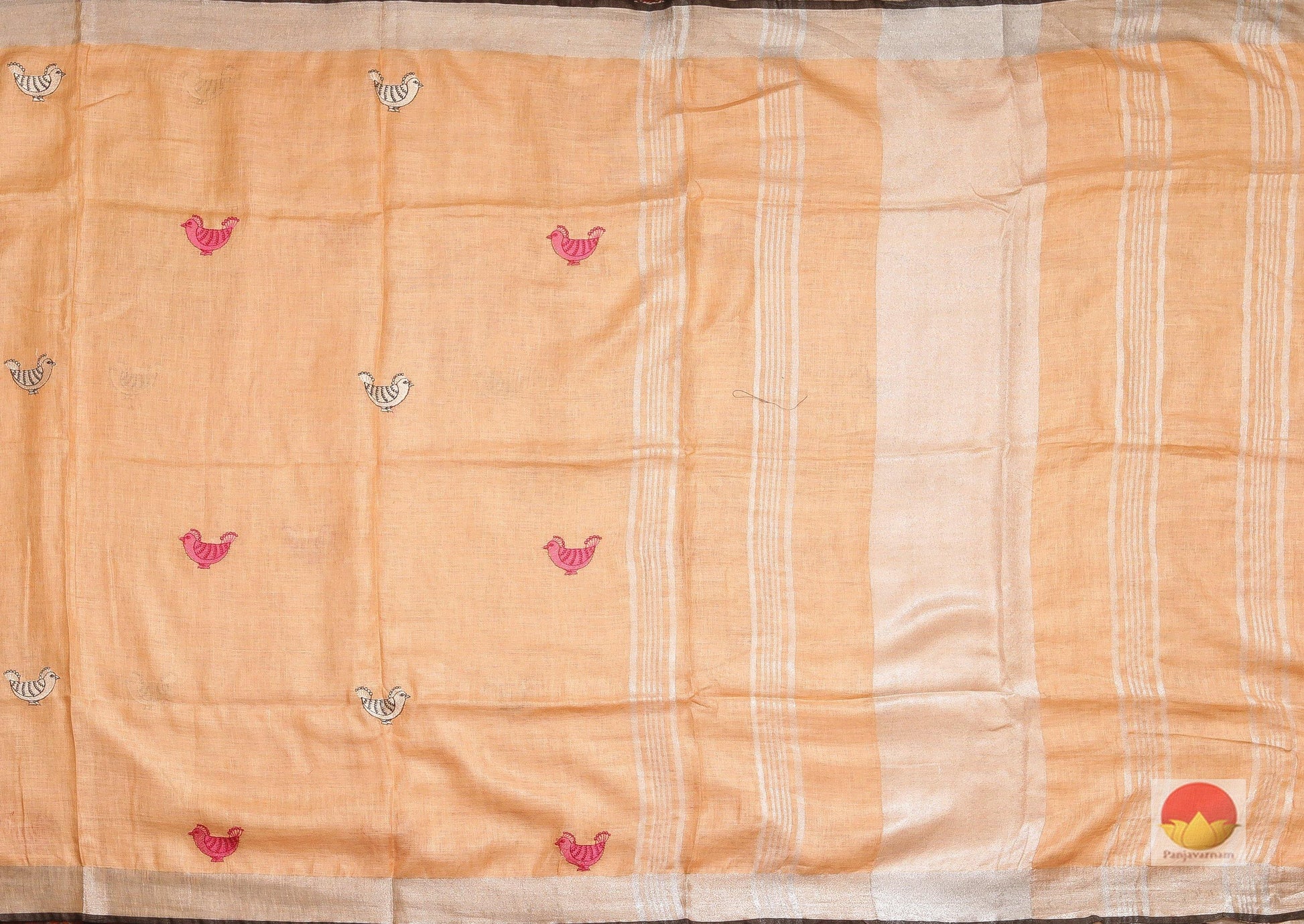 Handwoven Linen Saree - Embroidery Motifs - PL110 - Linen Sari - Panjavarnam PL 110