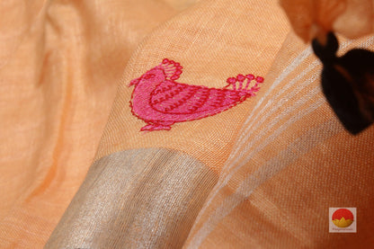 Handwoven Linen Saree - Embroidery Motifs - PL110 - Linen Sari - Panjavarnam PL 110