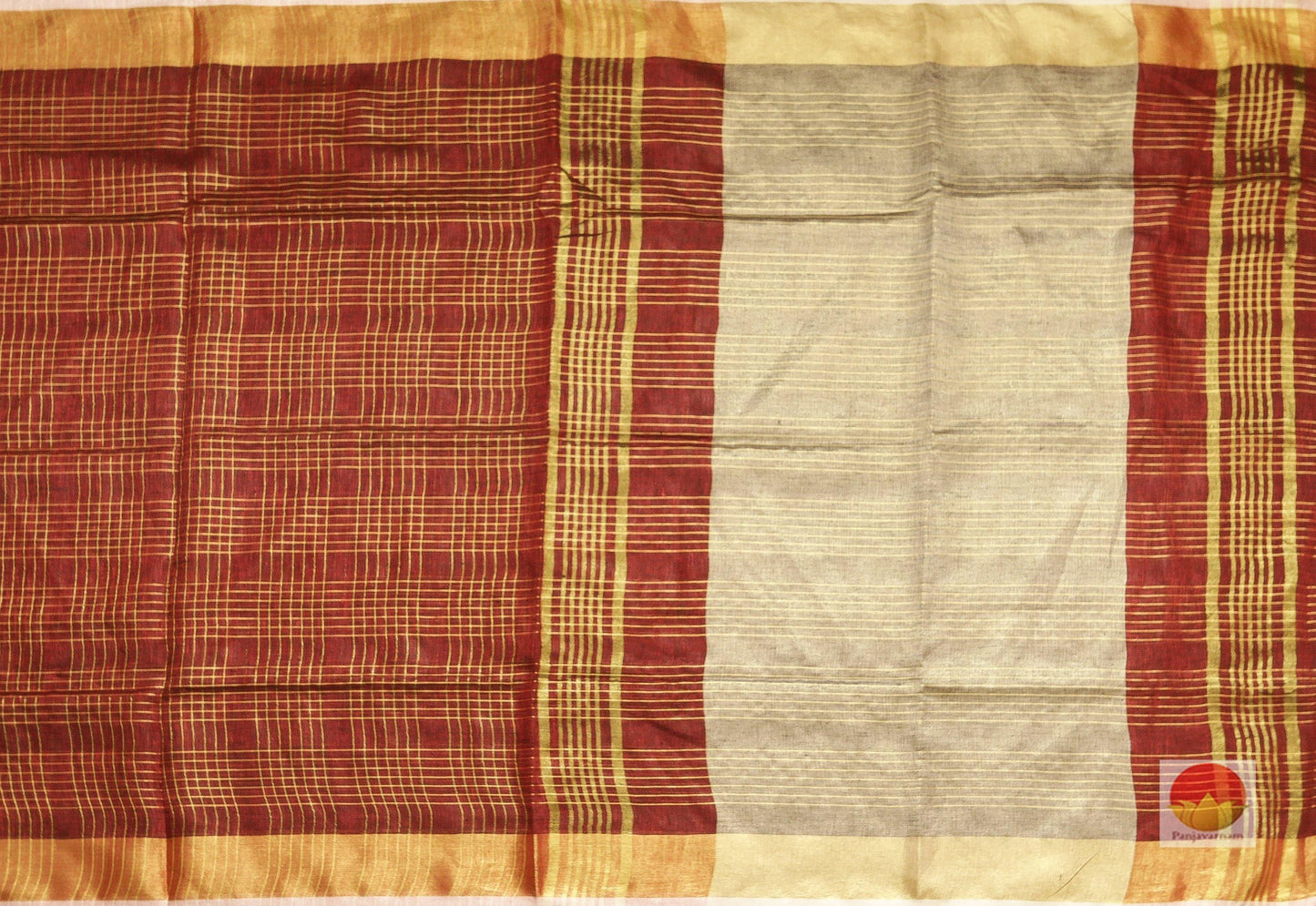 Handwoven Linen Saree - Gold Zari - PL 109 - Linen Sari - Panjavarnam