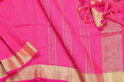 Handwoven Linen Saree - Gold Zari - PL 47 - Linen Sari - Panjavarnam PL 47