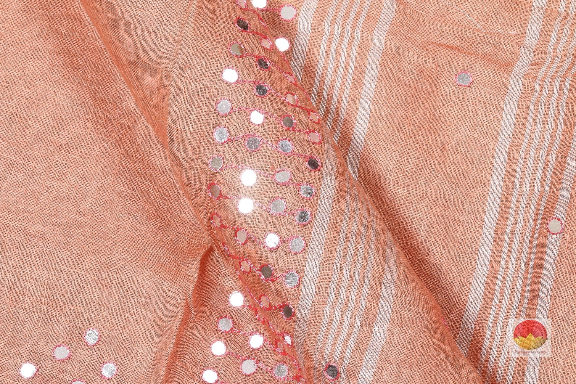 Handwoven Linen Saree - Mirror Work - PL 117 - Linen Sari - Panjavarnam