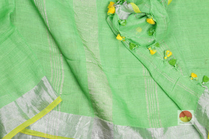 Handwoven Linen Saree - Silver Zari - PL 90 - Linen Sari - Panjavarnam