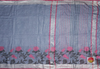 Handwoven Linen Saree - Silver Zari - PL 99 - Linen Sari - Panjavarnam