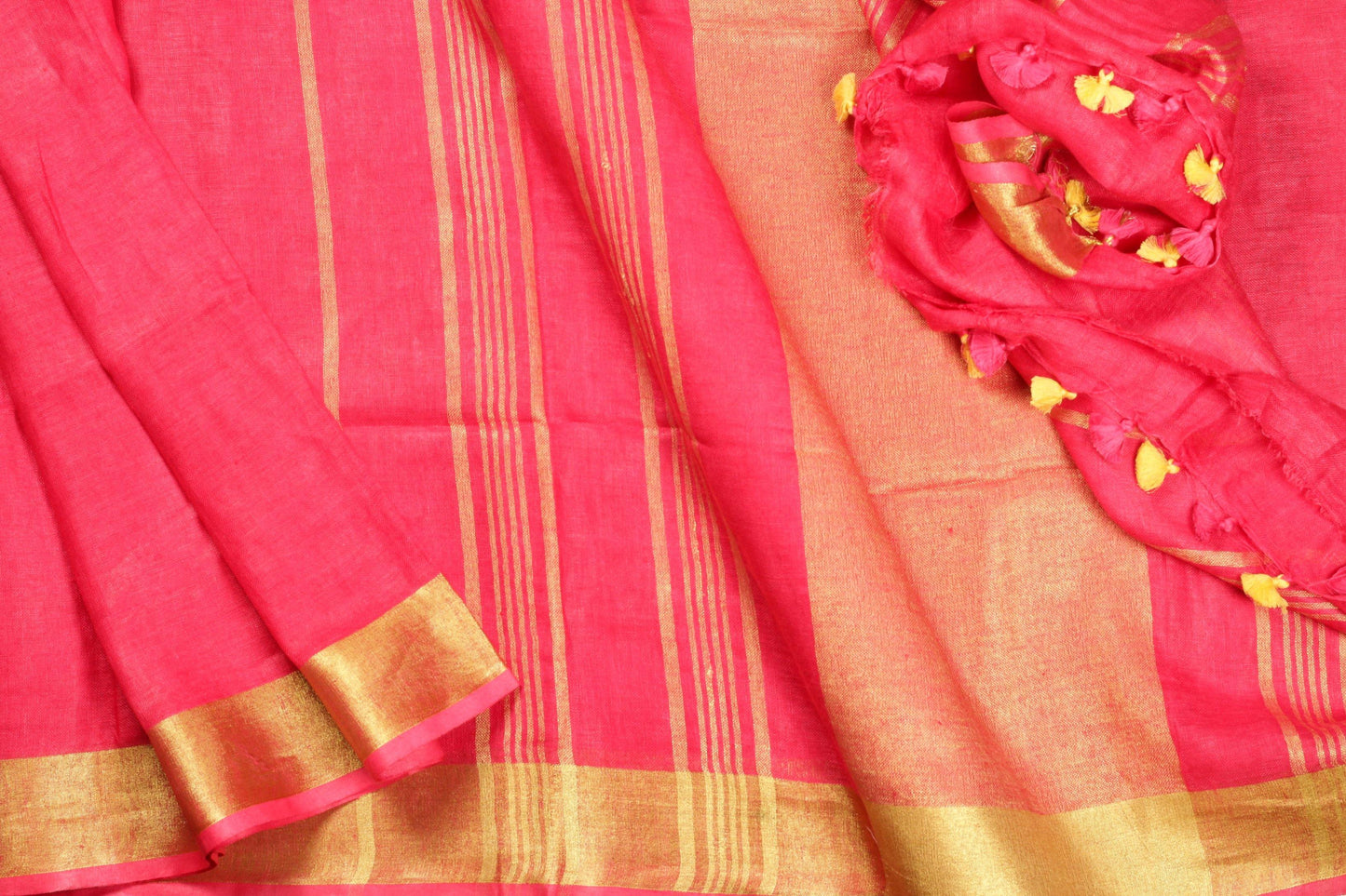 Handwoven Linen Sari - Gold Zari - PL 82 - Linen Sari - Panjavarnam