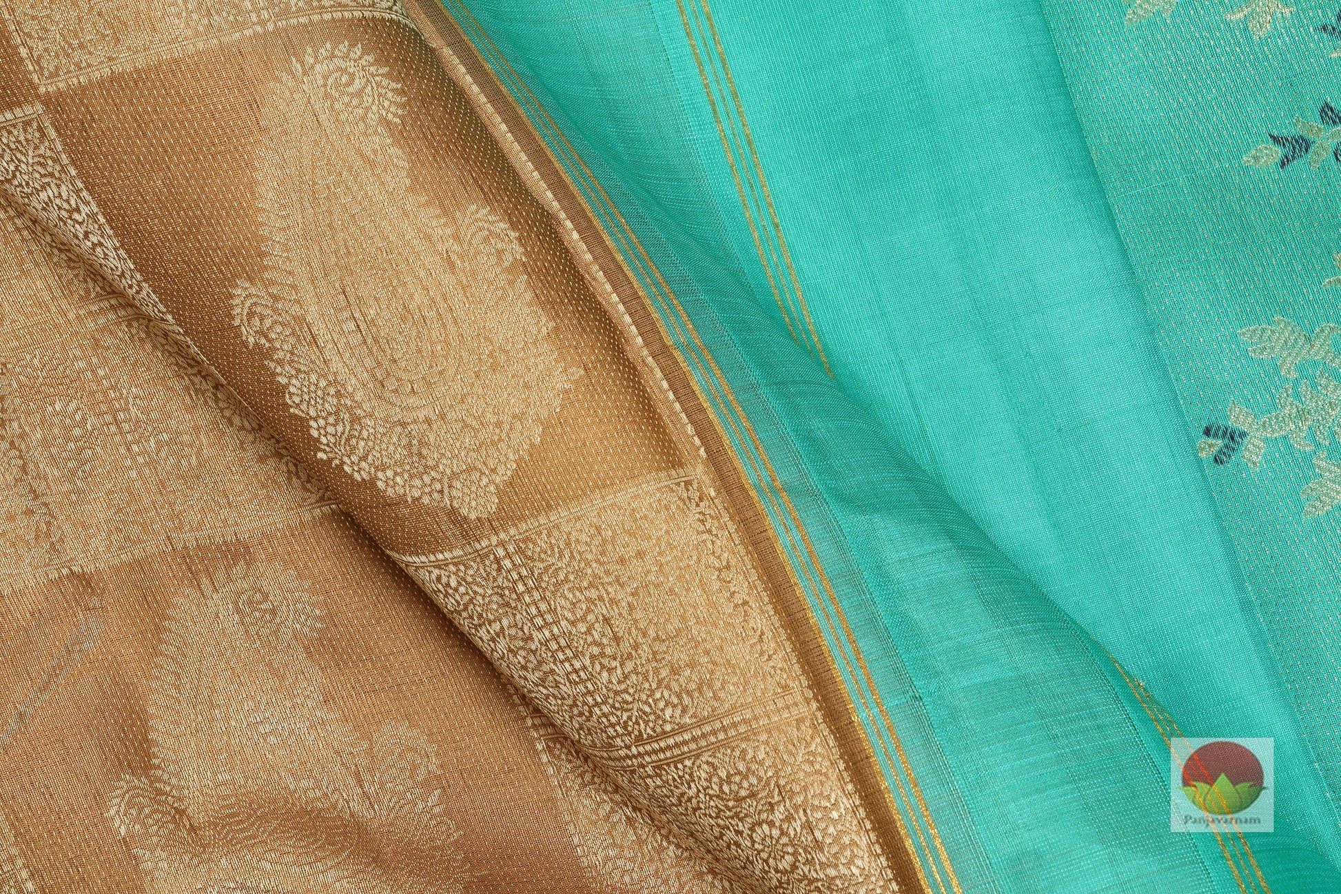 Honey Yellow and Teal - Borderless Handwoven Pure Silk Kanjivaram Saree - Pure Zari - PVVK 106973 Archives - Silk Sari - Panjavarnam