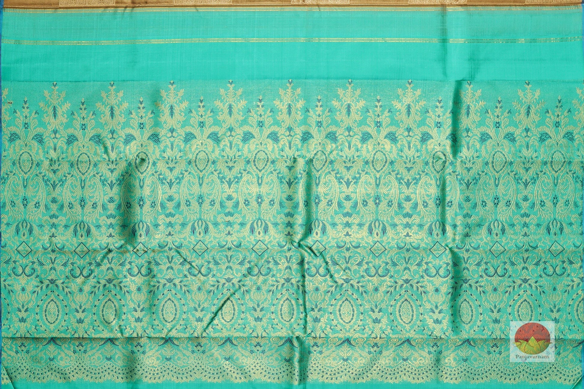 Honey Yellow and Teal - Borderless Handwoven Pure Silk Kanjivaram Saree - Pure Zari - PVVK 106973 Archives - Silk Sari - Panjavarnam