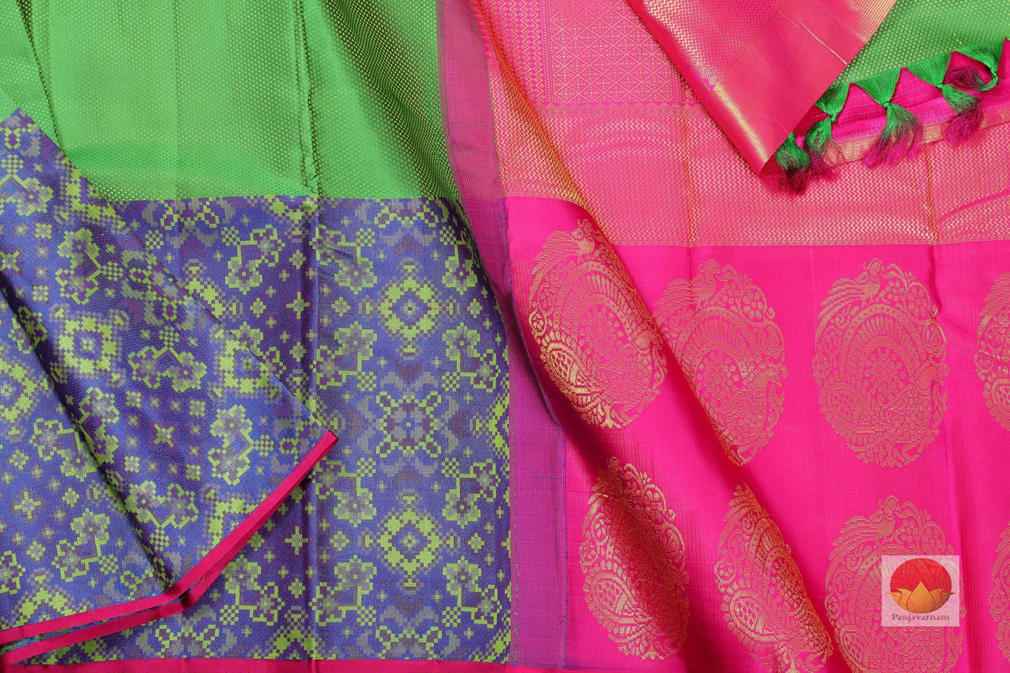 Ikkat Border Traditional Design Handwoven Pure Silk Kanjivaram Saree - PVVK 202437 - Archives - Silk Sari - Panjavarnam