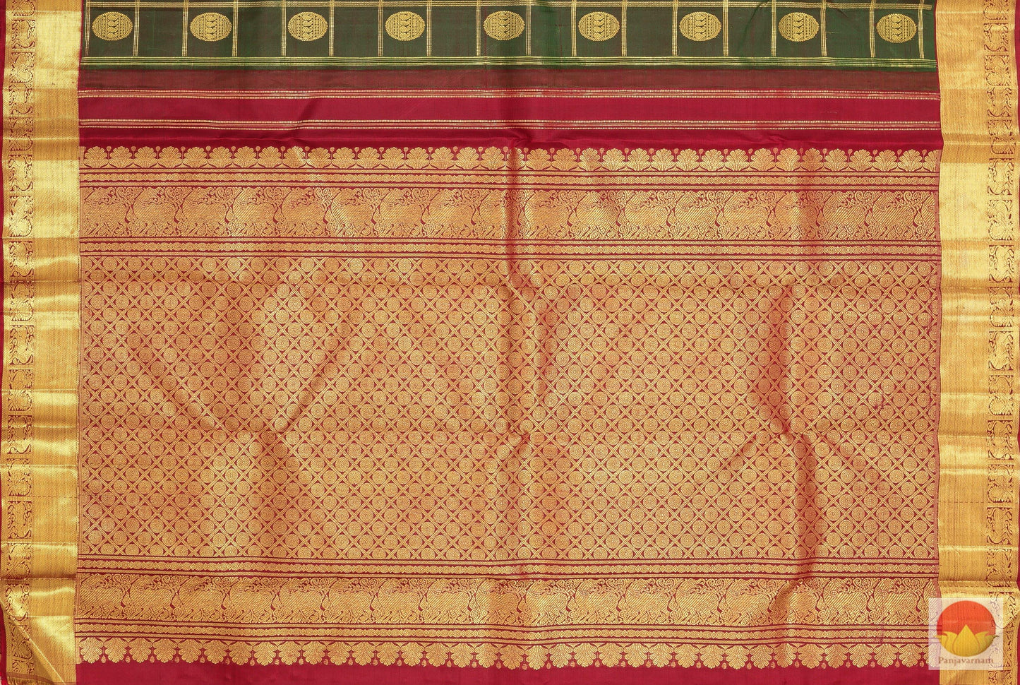 Kanchipuram Silk Saree - Bottle Green & Maroon - Handwoven Pure Silk - Pure Zari - PV G 1978 Archives - Silk Sari - Panjavarnam