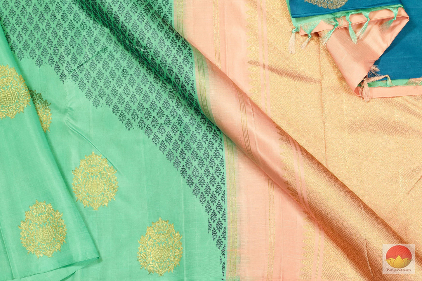 Kanchipuram Silk Saree - Cyan & Peach - Silk Thread - Borderless - Pure Zari - PV J7489 Archives - Silk Sari - Panjavarnam