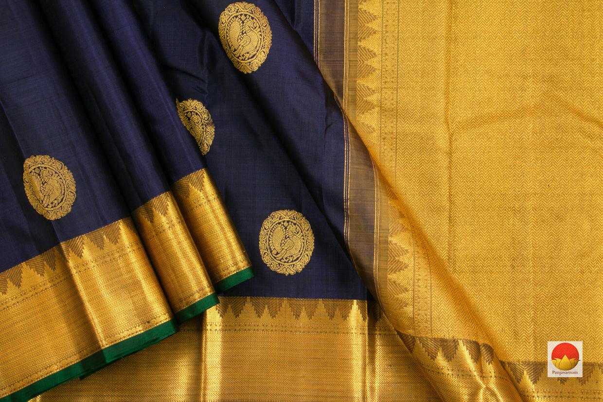 Kanchipuram Silk Saree - Handwoven Pure Silk - Pure Zari - Blue & Mustard - PV J 1901 - Archives - Silk Sari - Panjavarnam