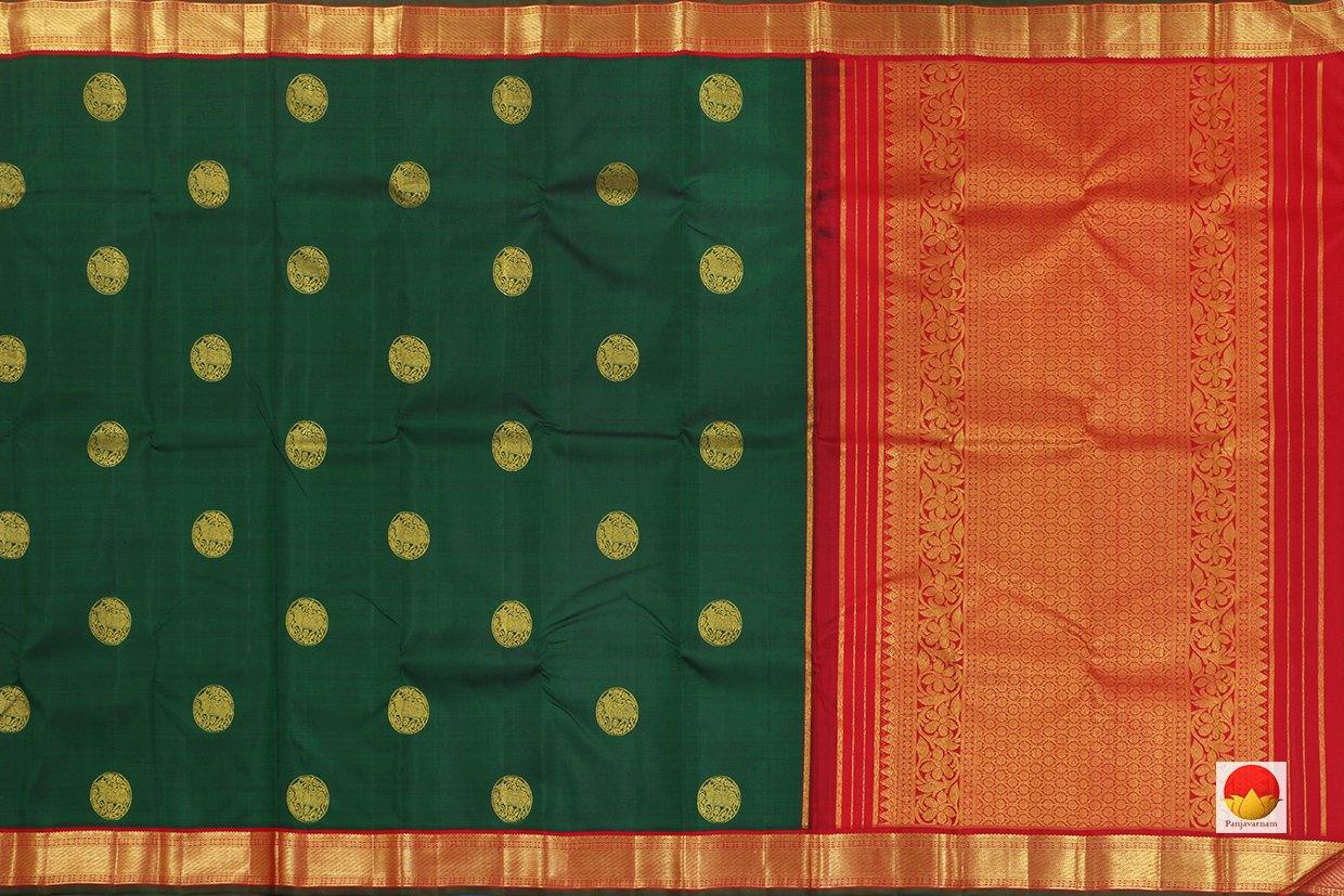 Kanchipuram Silk Saree - Handwoven Pure Silk - Pure Zari - Bottle Green & Red - PV J 388 - Archives - Silk Sari - Panjavarnam