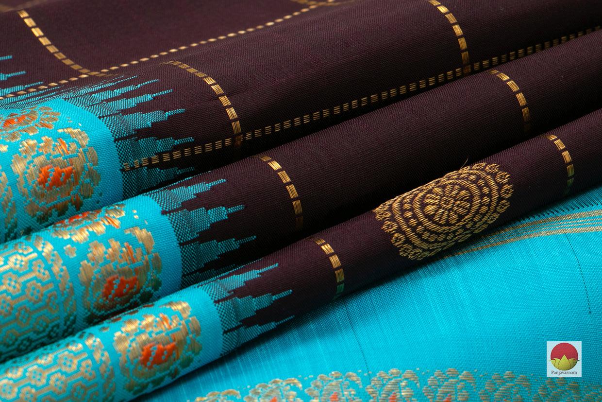 Kanchipuram Silk Saree - Handwoven Pure Silk - Pure Zari - Brown & Cyan - PV NYC 68 - Silk Sari - Panjavarnam