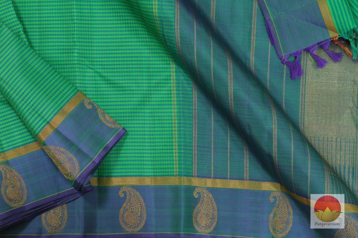 Kanchipuram Silk Saree - Handwoven Pure Silk - Pure Zari - Green & Blue - PV G 4260 - Silk Sari - Panjavarnam