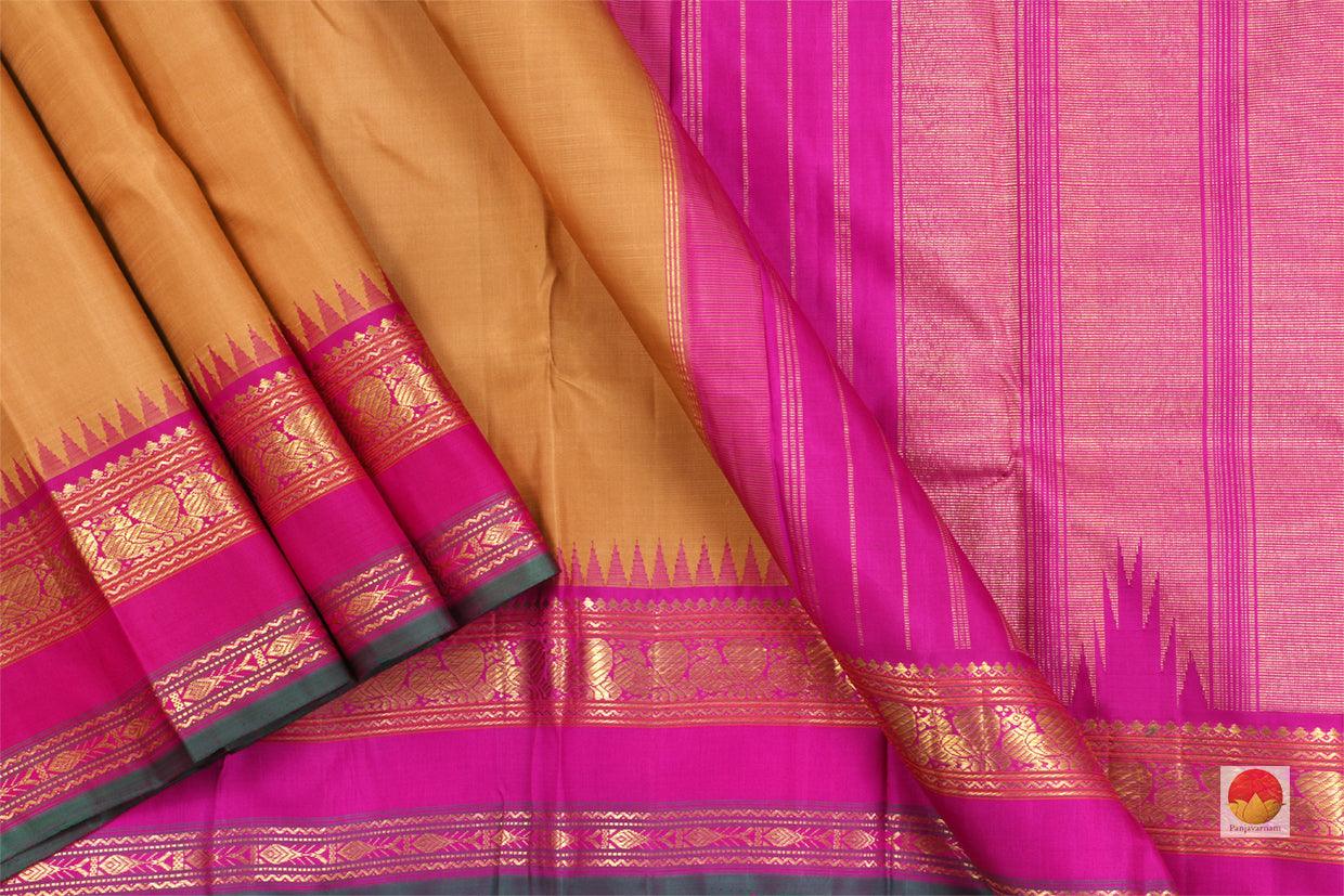 Kanchipuram Silk Saree - Handwoven Pure Silk - Pure Zari - Mustard & Pink - PV J 843 - Silk Sari - Panjavarnam