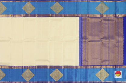 Kanchipuram Silk Saree - Handwoven Pure Silk - Pure Zari - Off White & Blue - PV J 10176 - Silk Sari - Panjavarnam