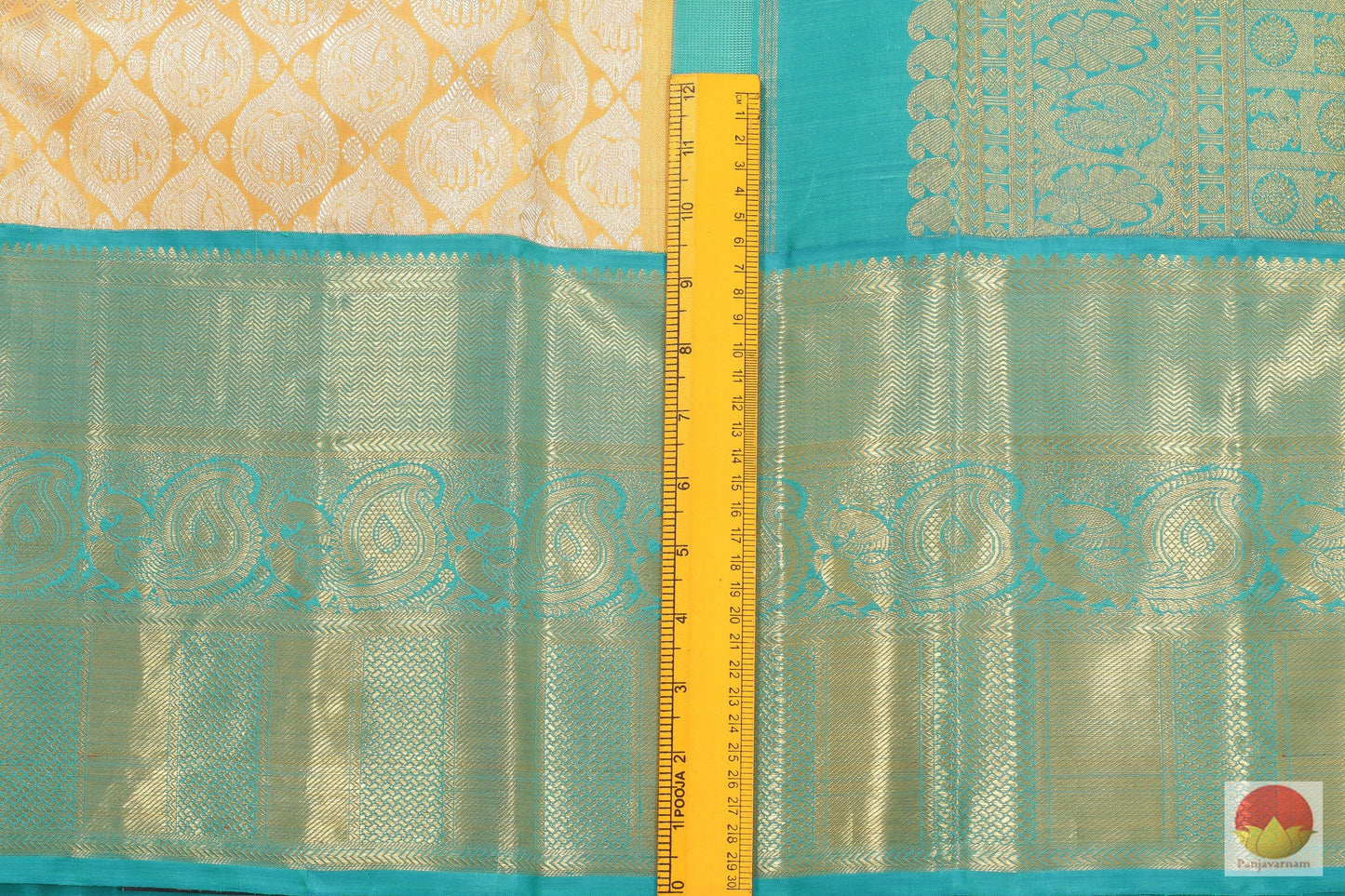 Kanchipuram Silk Saree - Handwoven Pure Silk - Pure Zari - Peach & Blue - PV G 2012 - Archives - Silk Sari - Panjavarnam