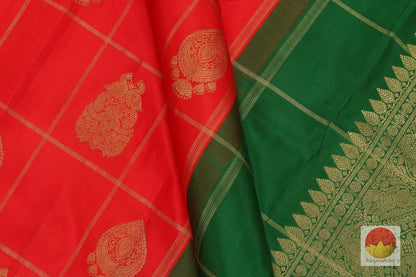Kanchipuram Silk Saree - Handwoven Pure Silk - Pure Zari - Red & Green - PV SRI 150 - Archives - Silk Sari - Panjavarnam
