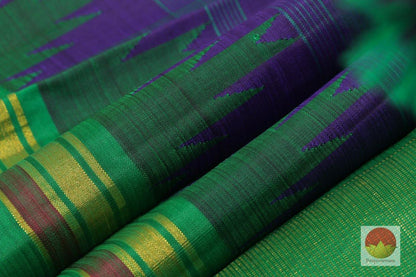 Kanchipuram Silk Saree - Handwoven Pure Silk - Pure Zari - Temple Border - Blue & Green - PV G 4061 - Silk Sari - Panjavarnam